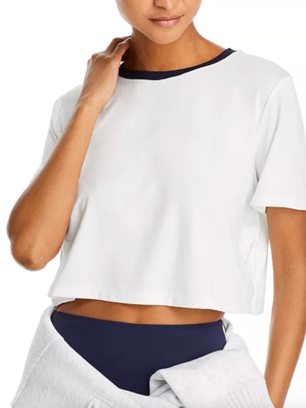 Splits59 Djuna Crop Ringer Short Sleeve Tee Shirt with Navy Collar